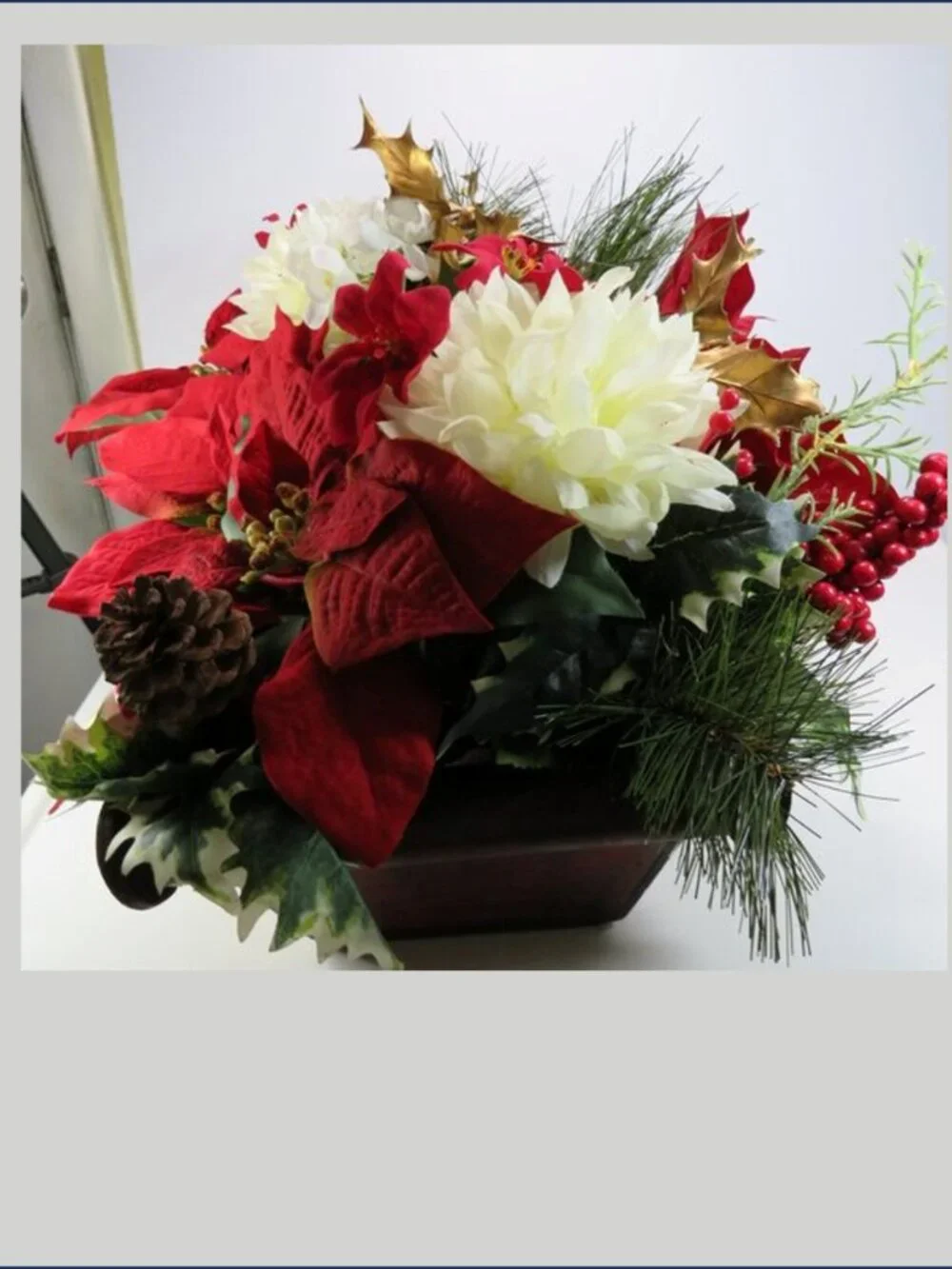 Poinsettia Christmas Floral Centerpiece Retro Wood Trough Planter Bowl MCM